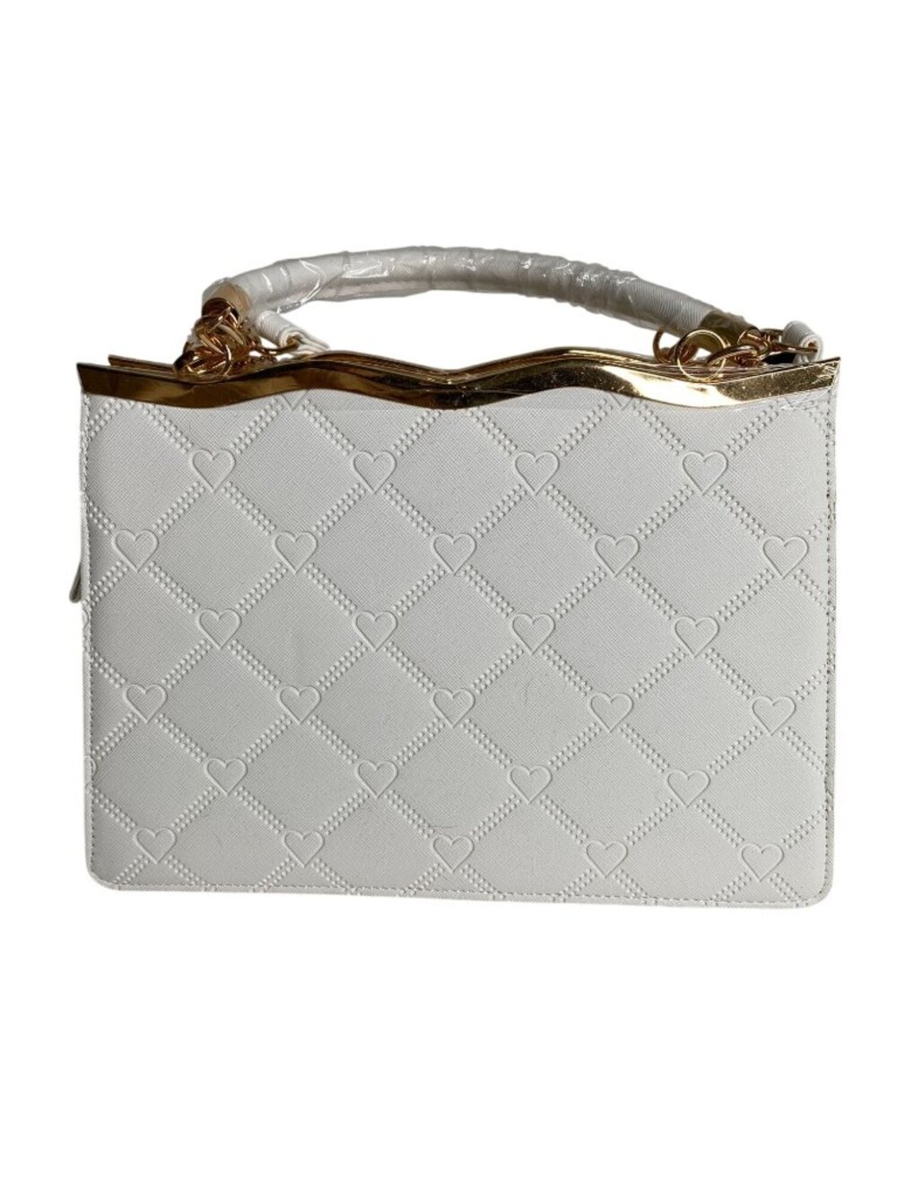 Crossi NWT White Clutch Handbag Gold Frame Heart Embossed Evening Church Wedding